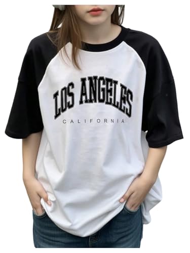 SweatyRocks Girl's Color Block Letter Graphic T Shirts Oversized Short Sleeve Crew Neck Tees