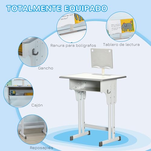Miniatura 4 de Homcom Juego De Escritorio Y Silla Para Niños De 6-12 Años Escritorio Infantil Altura Ajustable Con 1 Cajón 1 Ranura Para Lápiz Y 1 Estante Para Libros Acero 60x45x90-102 Cm Gris