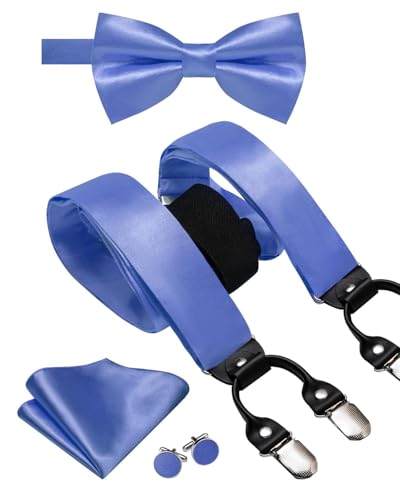 Image of Hi-Tie Men Suspender Bowtie Set Suspenders Pre-tied Bow Tie Pocket Square Cufflinks Adjustable Y Shape 6 Clips Braces Tuxedo