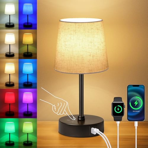 Ascher Small Bedside Table lamp, RGB Color Changing Lamps, 3 Color Temperatures, Dimmable Nightstand...