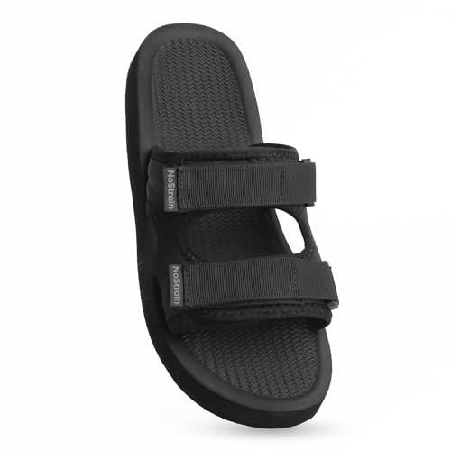 NoStrain Men’s casual sandals with a 4-point Hook & Loop fit system | heel cushioning, and a washable triple-density sole. | Black |