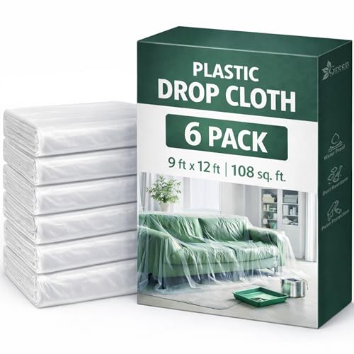 Image of GREEN LIFESTYLE Plastic Drop Cloths for Painting 12 x 9 ft [6 Pack] - Waterproof Paint Drop Cloth, Plastic Sheets Floor Cover, Disposable Tarp for Furniture Protection, Remodeling and Moving