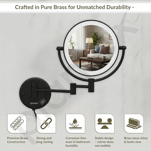Image of Plantex Brass and 304 Stainless-Steel Magnifying Mirror with LED /Wall Mount Makeup Mirror with Light /Zoom Mirror- 5x /1x Magnification (8 Inch-Black)