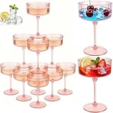 PLULON 12 Pcs Pink Champagne Martini Glasses Set 10 Oz Plastic Ribbed Coupe Cup, Cocktail Glasses Champagne Cup Tower Vintage Margarita Glassware for Clubs Gifts Wedding Bachelor Party Outdoor Events