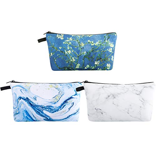 Preisvergleich Produktbild Lewondr Kosmetiktasche, 3 Stück Schminktasche Waschbeutel Reißverschluss Multifunktion Kosmetik Reise Wasserdicht Kulturbeutel für Mädchen Frauen - Weiß Marmor / Blau Treibsand / Aprikose Blühen