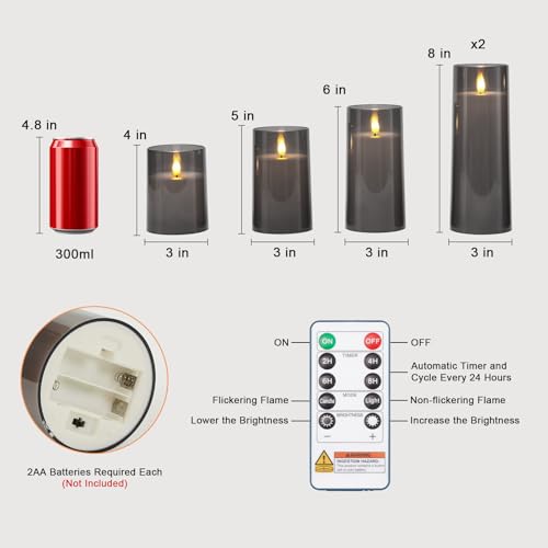 Image of Raycare Flameless Candles Battery Operated with Remote Timer, Acrylic Flickering LED Pillar Candle for Christmas Decoration, Home Decor, Gift for Family and Friend, Grey, Set of 5