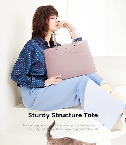 Image of LOVEVOOK Laptop Tote Bag for Women, Leather Business Office Work Bag Computer Briefcase with Small Clutch fit for 15.6 Inch Laptop Pink