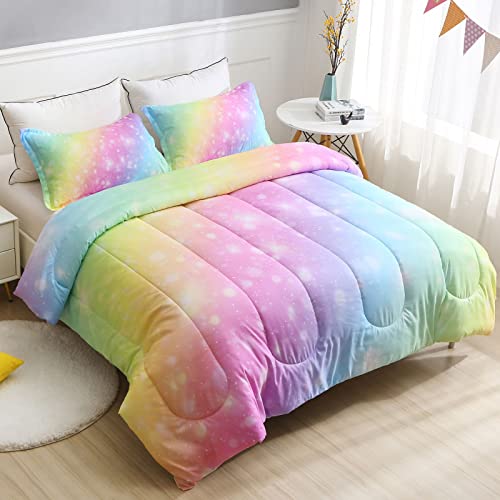 Sirdo Girls Unicorn Bedding Set 3 Piece Rainbow Comforter Set For Teen Girls Adults With Sparkle Stars Soft Bedding Sets Machine Washable, Multi, Queen #TOP3