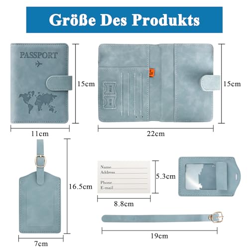 Reisepasshülle und Kofferanhänger Set, Kunstleder Passport Cover mit Koffer Anhänger, Hülle Reisepass mit RFID-Blocker für Reisepass Kreditkarten Personalausweise Reisedokumente, Urlaub Gadget (blau)