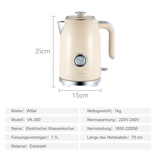 Wiltal Retro Vattenkokare & Brödrost Set, 1,7 l, Rostfritt Stål