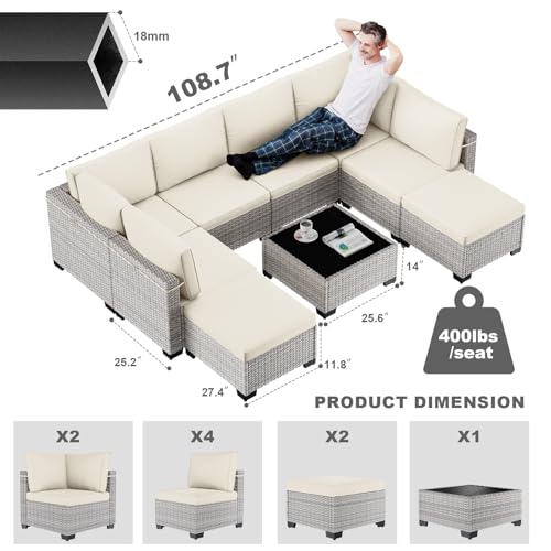 Image of Outdoor PE Wicker Rattan Modular Patio Sectional Sofa Set | 9-Piece: 6 Modular Seats, Coffee Table & 2 Ottomans, Ivory