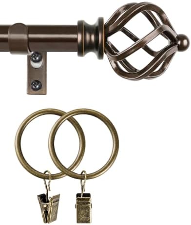 KAMANINA Bundle of 32-86" Antique Bronze Single Curtain Rod with Decorative Twisted Cage Finials and Antique Bronze Curtain Rings with Clips 20 Pack, with Interior Diameter 1.26 In image 5