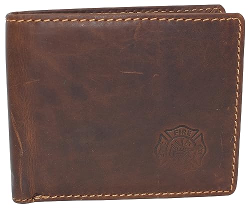 RFID Blocking Fire Fighter Embossed Leather Center ID Flap Bifold Wallet for Men (RHU Brown)4