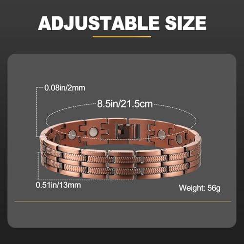 سوار مغناطيسي للرجال، أساور العلاج المغناطيسي من النحاس النقي بنسبة 99.9% مع مغناطيسات فائقة القوة، أساور معصم قابلة للتعديل بطول 21.5 سم لأعياد الميلاد وعطلات الأعياد