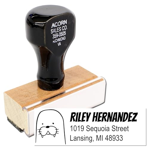 Wacky Cartoon Walrus Wood Handle Address Stamp - 3 Lines of Custom Text
