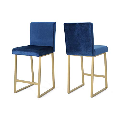 Great Deal Furniture Lexi Modern Velvet Barstools, Navy Blue and Brass (Set of 2)