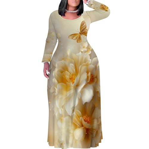 Image of PinkPatty Plus Size Maxi Dress for Curvy Women Crew Neck Long Sleeves Casual Dress Vacation Sundresses with Pockets