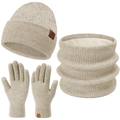 Image of Bequemer Laden Womens Mens Winter Beanie Hats Neck Scarfs Touchscreen Gloves Set Warm Knit Slouchy Skull Caps Gifts for Women & Men