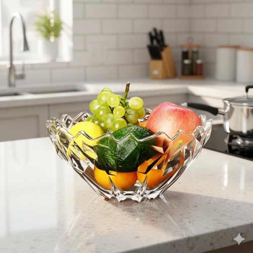 Image of Decorative Crystal Glass Fruit Bowl 12 Inch Set of 1, Elegant Diamond Cut Design Serving Centerpiece for Dining Table, Kitchen Counter, or Living Room