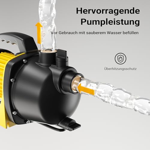 Wiltec Gartenpumpe 3800/h, 1200W, mit Tragegriff & Wasserablassschraube, max. Förderhöhe 48m, für...