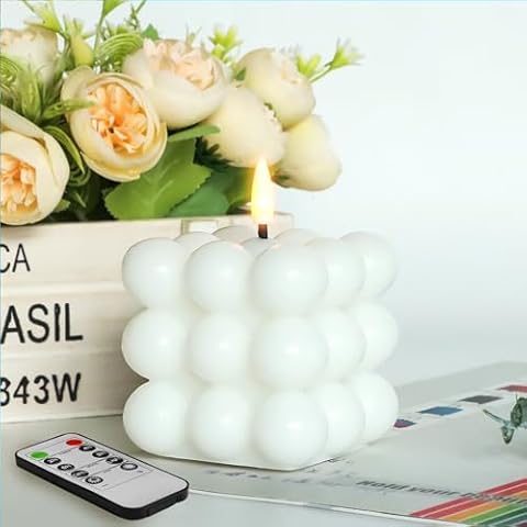 duduta White Cube Bubble Candle with Remote, Flickering Battery Operated Flameless Square LED Wax Candle Cover