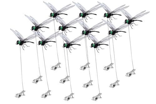 BOHESI 12 Pack Dragonfly Clip 3D Dragonfly Garden Stakes Decor Fly Deterrent Dragonfly Humming Bird Stakes Deer and Horse Bird and Fly Scare Devices for Indoor Outdoor Garden (Black)