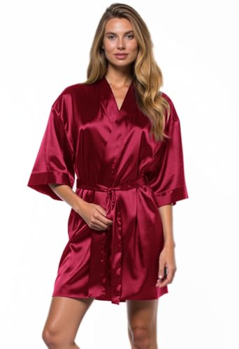 Image of Turquaz Women's Bride Bridesmaids Robe - Satin Kimono Robes for Wedding & Bridal Party Silk Like Lightweight Robes for Women, Wine Red, Medium