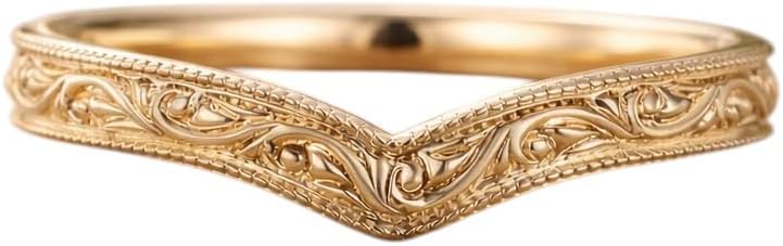 Vintage V Shaped Gold Band Ring for Women, Curved Chevron Wedding Band, Filigree Stackable Ring, Minimalist Bridal Ring Enhancer Gift
