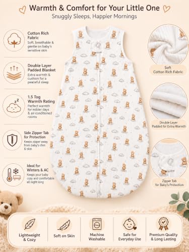 Image of TuddyBuddy Baby Cotton Wearable Quilted Sleeping Bag Blanket 1.5 Tog with 1 Way Zipper Closure | Ideal for Babies & Kids Hypoallergenic Fabrics | (Teddy AOP - Ribbed White, 12-18 Months)