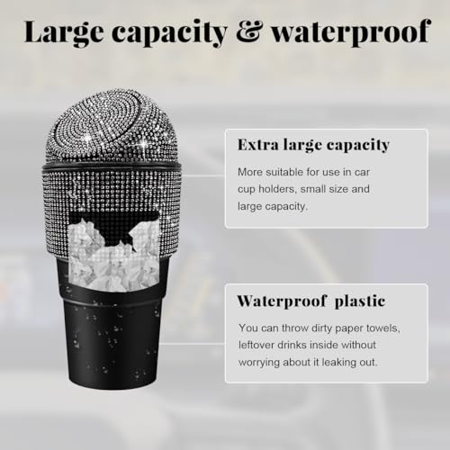 Image of Yourkar Bling Car Trash Can with Lid, Sparkling Crystal Auto Garbage Can with Leak-Proof Lid, Multipurpose Waterproof Trash Bin for Automotive Home Office Kitchen Bedroom (Black)