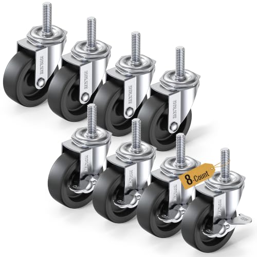 Image of HOLKIE Caster Wheels 3 inch Locking Casters Set of 8 with Brake & No Brake, Threaded Stem 3 /8 inch -16 x 1-1 /4 inch (Diameter 3 /8 inch, Length 1-1 /4 inch) Swivel Heavy Duty Castors Black
