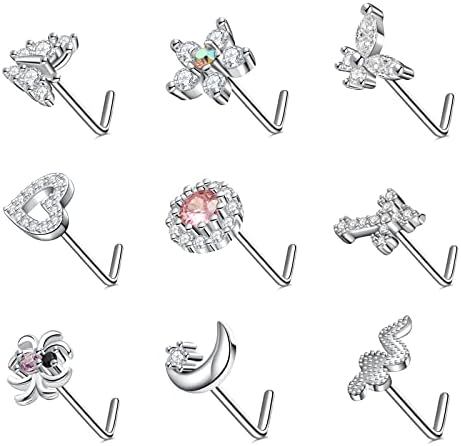 Utnsnyy 9PCS Nose Ring Stud 20G Stainless Steel for Women L-Shape Nose Rings CZ Butterfly Moon Flower Nose Studs Nose Piercing Jewelry (silver)