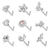 Utnsnyy 9PCS Nose Ring Stud 20G Stainless Steel for Women L-Shape Nose Rings CZ Butterfly Moon Flowe