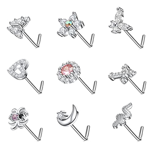 Utnsnyy 9Pcs Nose Ring Stud 20G Stainless Steel For Women L-Shape Nose Rings Cz Butterfly Moon Flower Nose Studs Nose Piercing Jewelry (Silver) #TOP18