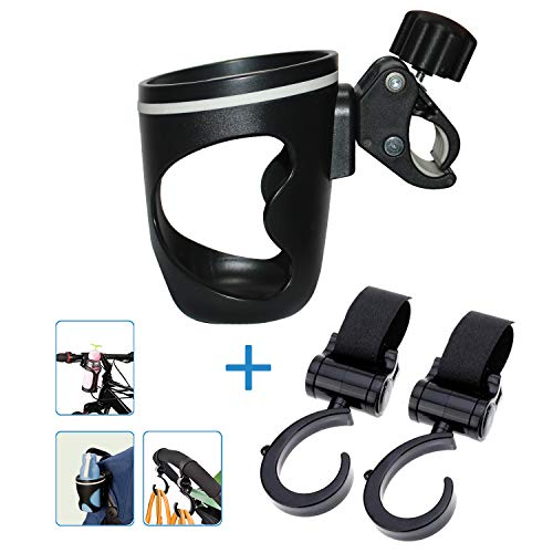 AOBETAK Pram cup holder, Water Bottle holder for pushchair with two clips hook, universal cup holder for wheelchair stroller bike Bicycle Moutainbike baby jogger coffee children prams, Black