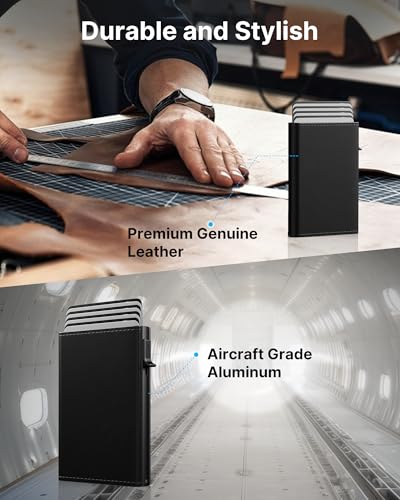 Image of typecase Mens Wallet Card Holder: Pop Up Aluminum Case, Genuine Leather, Smart, RFID Blocking, Slim, Minimalist, Front Pocket - 9-14 Card Capacity | ID Window | Cash Slot (Deep Black)