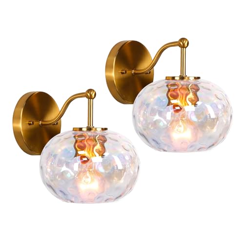 Image of Brushed Gold Vanity Light Set of 2 Stained Hammered Glass Wall Sconce 1-Light Brass Wall Lamp for Hallway Living Room Stairwell Bathroom Over Mirror (Brass Gold, 1-Light)