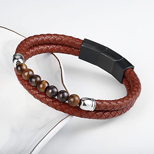 Tiger Eye Bracelets For Men,Brown Leather Natural Tiger Eye Beaded Bracelets For Men Stress Relief Anxiety Healing Bead Bracelet Mens Leather Beaded Bracelets Jewelry Gifts For Men #TOP5