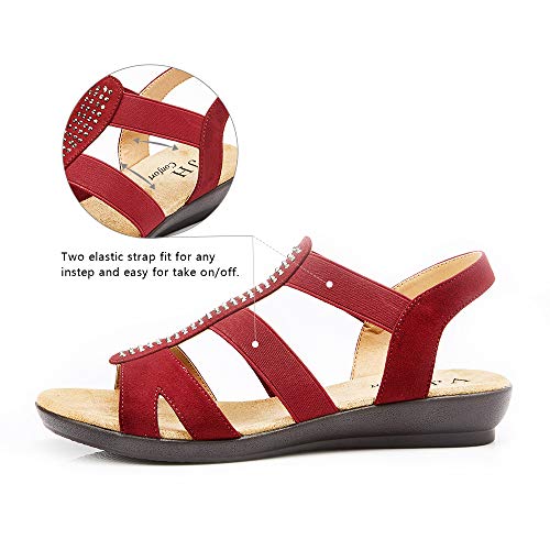 Vjh Confort Women's Flat Sandals With Rhinestone Open Toe Elastic Slip On Slingback Comfort Casual Walking Sandals(Red 9) #TOP1