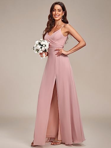 Image of Ever-Pretty Women's Summer Backless Spaghetti Straps Bridesmaid Dresses Chiffon V-Neck Slit Long Formal Wedding Guest Dress