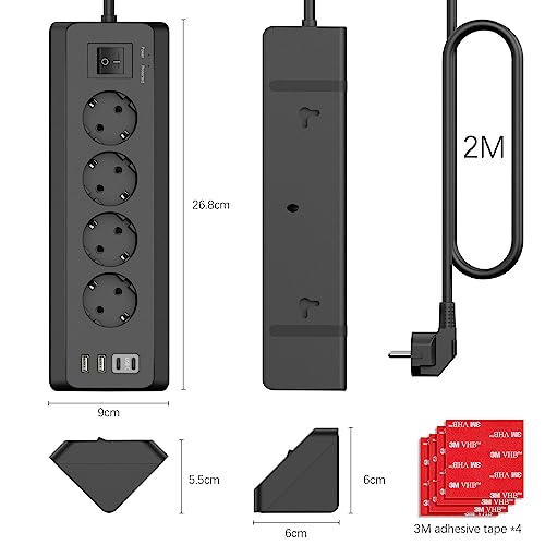 Ecksteckdose mit 2 USB und 2 Type-C, 4 Fach Mehrfachsteckdose mit Schalter, Steckdosenleiste Überspannungsschutz mit 2M Kabel für Küche (Schwarz) 6