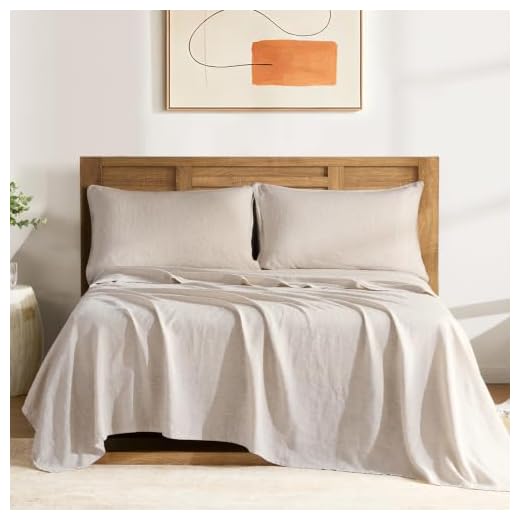 DAPU Pure Linen Sheets Set, 100% French Linen from Normandy, Breathable and Durable for Hot Sleepers, 4 Pcs Set - 1 Flat Sheet, 1 Fitted Sheet, 2 Pillowcases (Natural Linen, Queen)