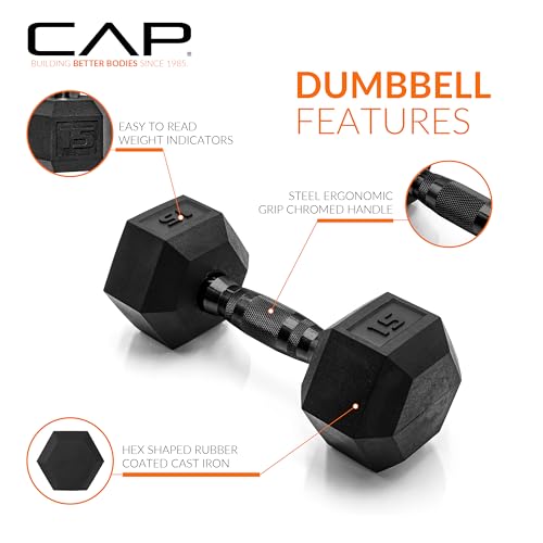 Image of CAP Rubber Coated Dumbbell Weights, Free Weights for Home Gym Strength Training, Anti-Roll Hex Dumbbells with Black, Chrome & Comfort Grip Handles, Singles