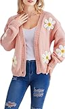 Migratory Bird Guide Y2k Sweater Cardigan for Women, Long Sleeve V-Neck Button Crochet Flower Knit Womens Clothes, Cute Outfits for Women Back to College - Pink