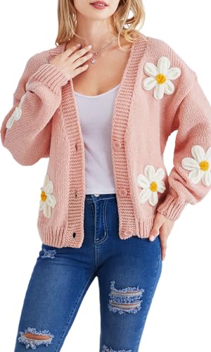 Y2k Sweater Cardigan for Women, Long Sleeve V-Neck Button Crochet Flower Knit Womens Clothes.