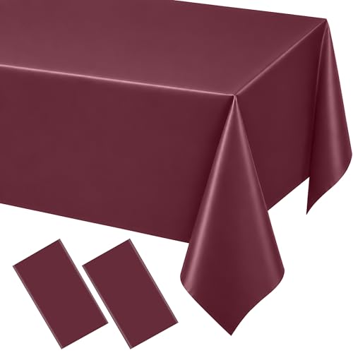 Image of WNINK 2 Pack Burgundy Disposable Plastic Tablecloths, Waterproof Rectangle Table Covers 54 x 108 Inch, Party Tablecloth for Birthday Party, Baby Shower, Wedding, Holiday and Event Decorations