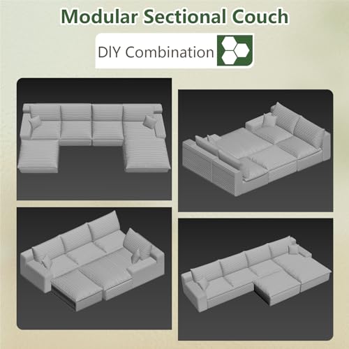 Image of 136 inch Cloud Couch Modular Sectional Sofa for Living Room, U-Shape Boneless Couch with Deep Seat, Modern Corduroy 4-Seater with Ottoman, No Assembly Required (Camel,Right-Facing Chaise)