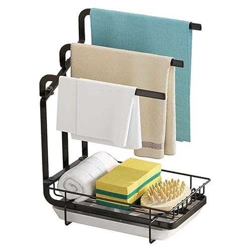 Image of Kitchen Sink Organizer with Towel Holder | Rustproof Stainless Steel Countertop Storage for Sponge, Soap & Dishcloth | Removable Drip Tray