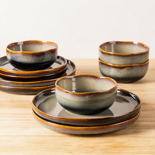 Image of TheTerra Ceramic Dinnerware Sets for 4, 12 Pieces Porcelain Lightweight Plates and Bowls Sets, Scratch Resistant Dish Set, Oven & Microwave & Dishwasher Safe, Coffee Bean