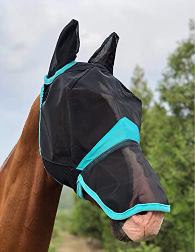 TGW RIDING Horse Mask Full Face Mesh Mask Fine Mesh with Ears and Long Nose (Cob, Black/Turquoise) - Image 3